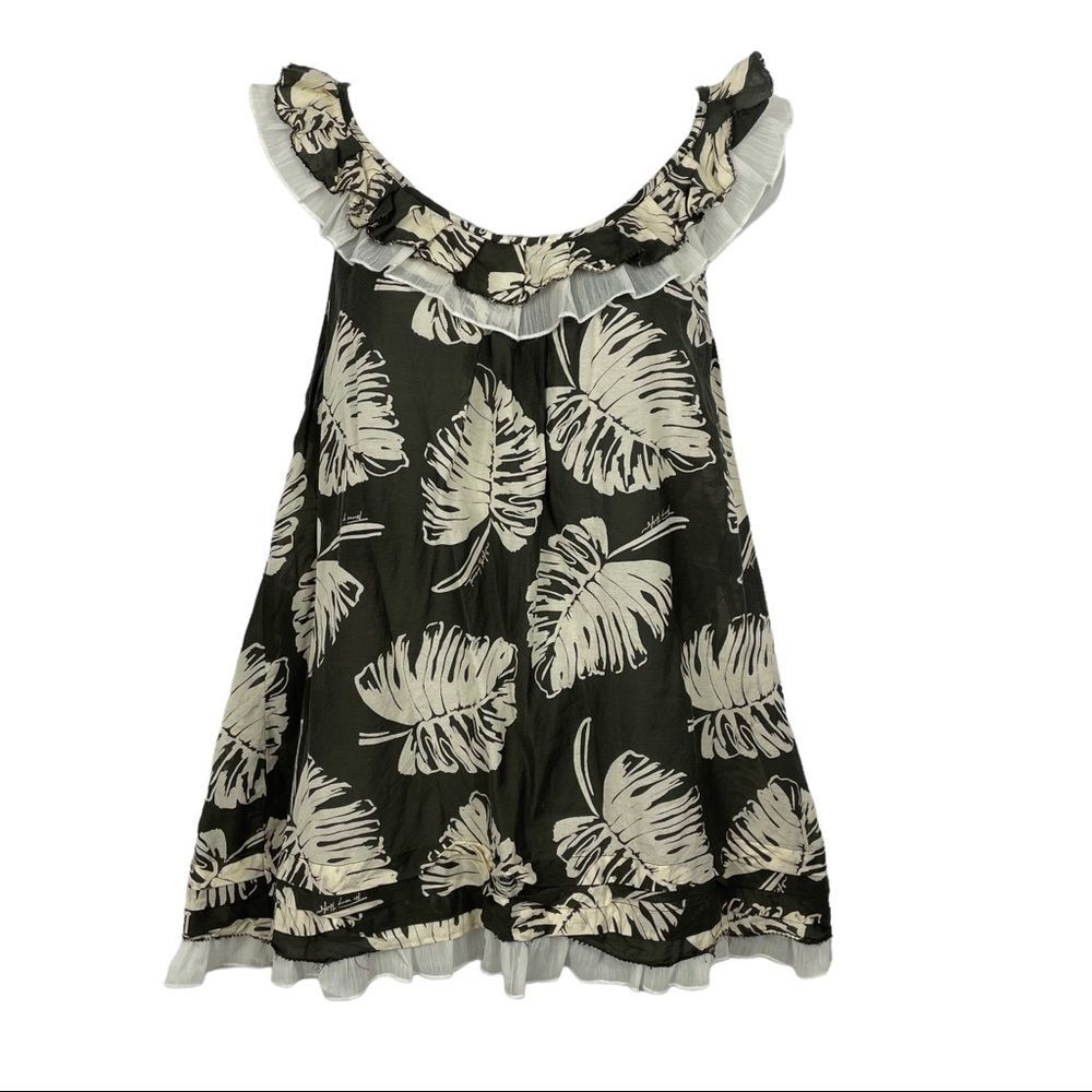 Tommy Hilfiger Off White & Brown Palm Print Sleeveless Shirt Sz Large